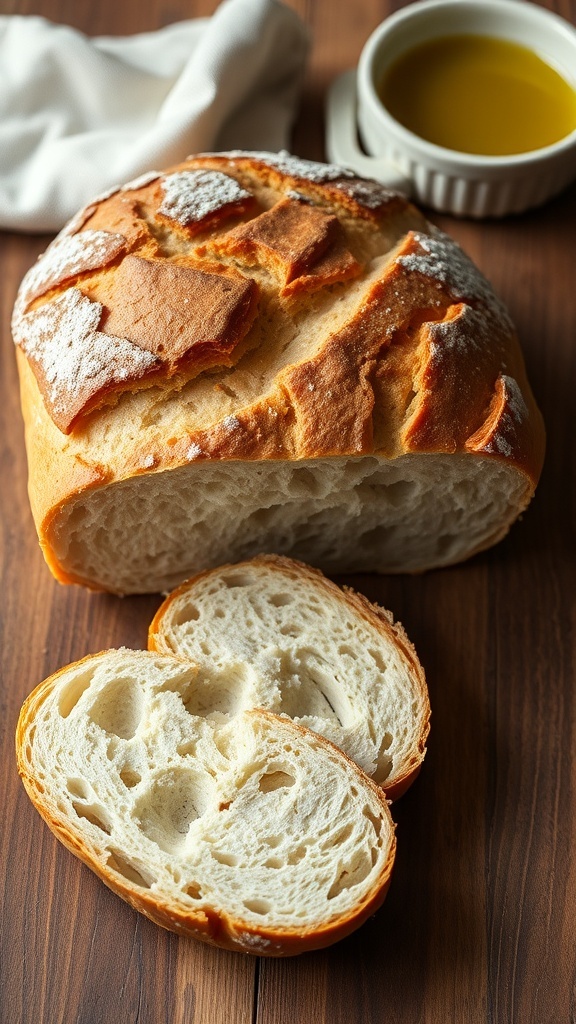 A rustic artisan bread loaf on a wooden table, sliced to show its airy interior, with olive oil on the side.